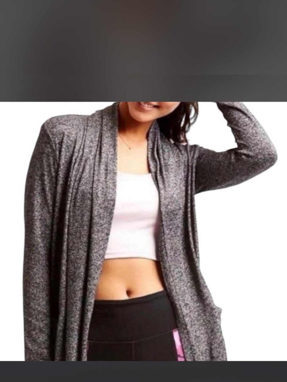 Athleta Pose Wrap Gray Marled Open Front Cardigan Small Hooded Athleisure